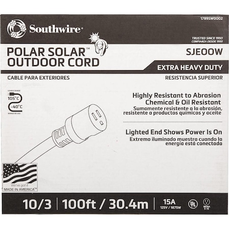 Southwire SJEOOW Extension Cord, 10 AWG, Outdoor, 10/3, 1 Outlets, 5-15R, Yellow, 5-15P, 100 ft 1789SW0002